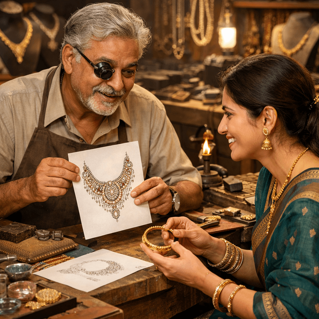 A a goldsmith discussing a design with a customer