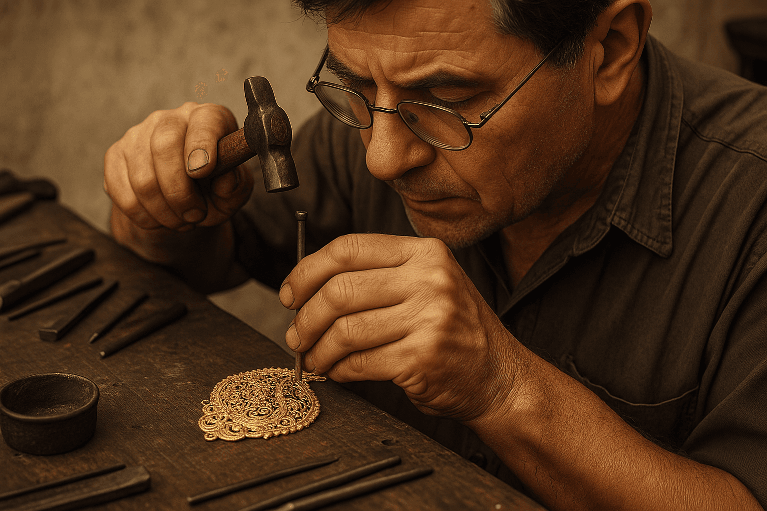 Goldsmith crafting a detailed piece of jewelry with a torch